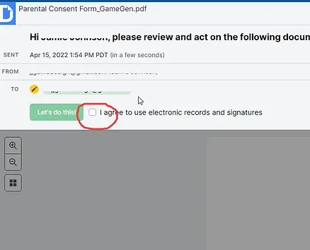 Email interface with a document to review, highlighted consent checkbox.