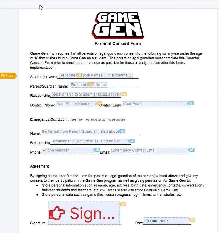 Parental consent form from Game Gen. Form includes fields for student and parent information, agreement, and signature.