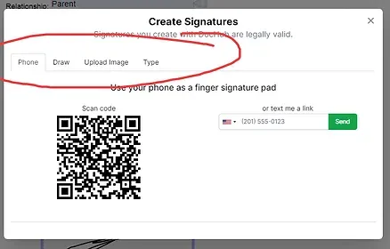 Modal window to create signatures; tabs for phone, draw, upload image, and type. QR code and phone number.
