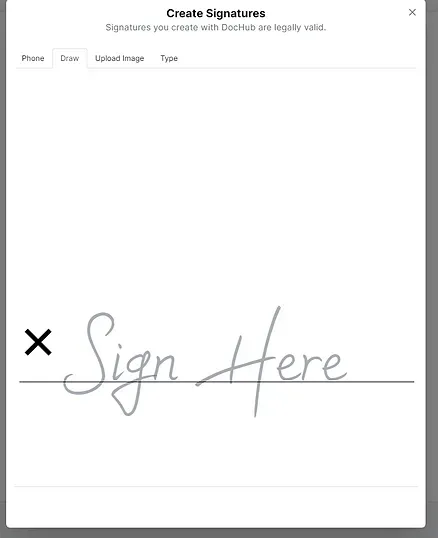 A document interface, where a user can create a signature by typing, drawing, or uploading. 