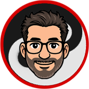 Cartoon man with glasses and beard, in front of a Yin-Yang symbol with a red border.