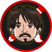 Man's cartoon face with brown hair and goatee inside a red and black circular emblem.