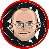 Bald man with glasses in a red and black circular emblem, smiling.