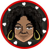 Black woman with curly hair and gold earrings, surrounded by white hearts, inside red-bordered circle.
