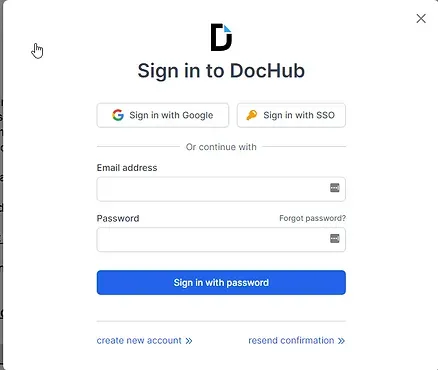 DocHub sign-in interface. Options to sign in with Google or SSO, or with email address and password.