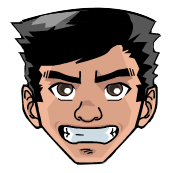 Face with black hair, furrowed brows, clenched teeth, angry expression.