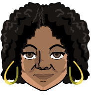 Woman with brown skin, curly dark hair, wearing gold hoop earrings, looking forward.