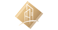 Gold geometric building logo with a stylized doorway on a white background