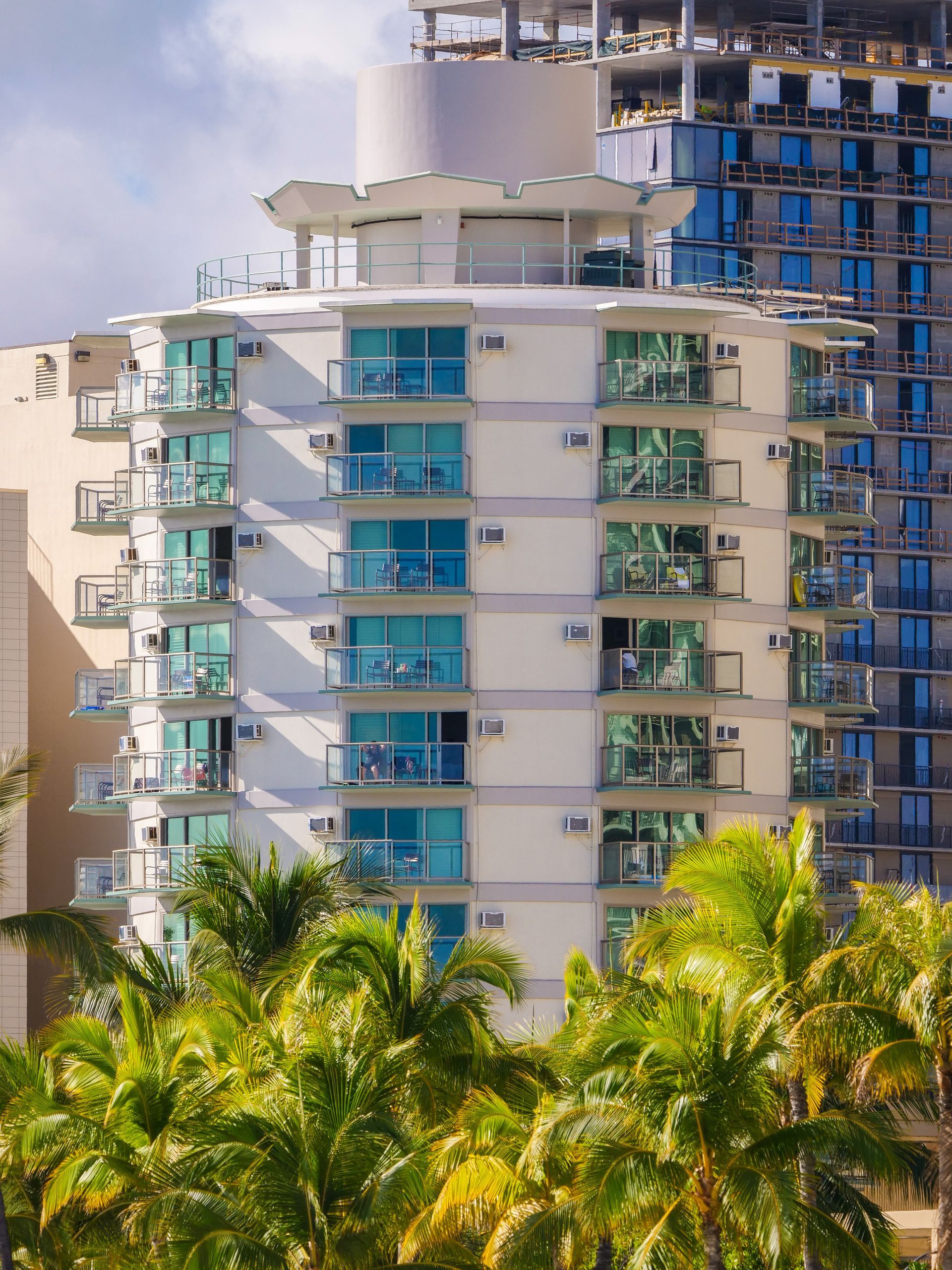 A tall building with lots of windows is surrounded by palm trees