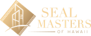 The seal masters of hawaii logo is a gold square with a building on it.