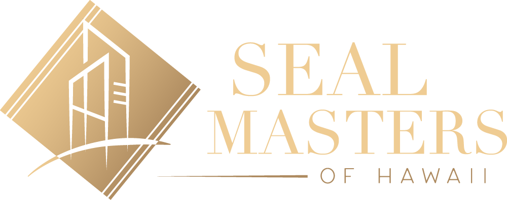The seal masters of hawaii logo is a gold square with a building on it.