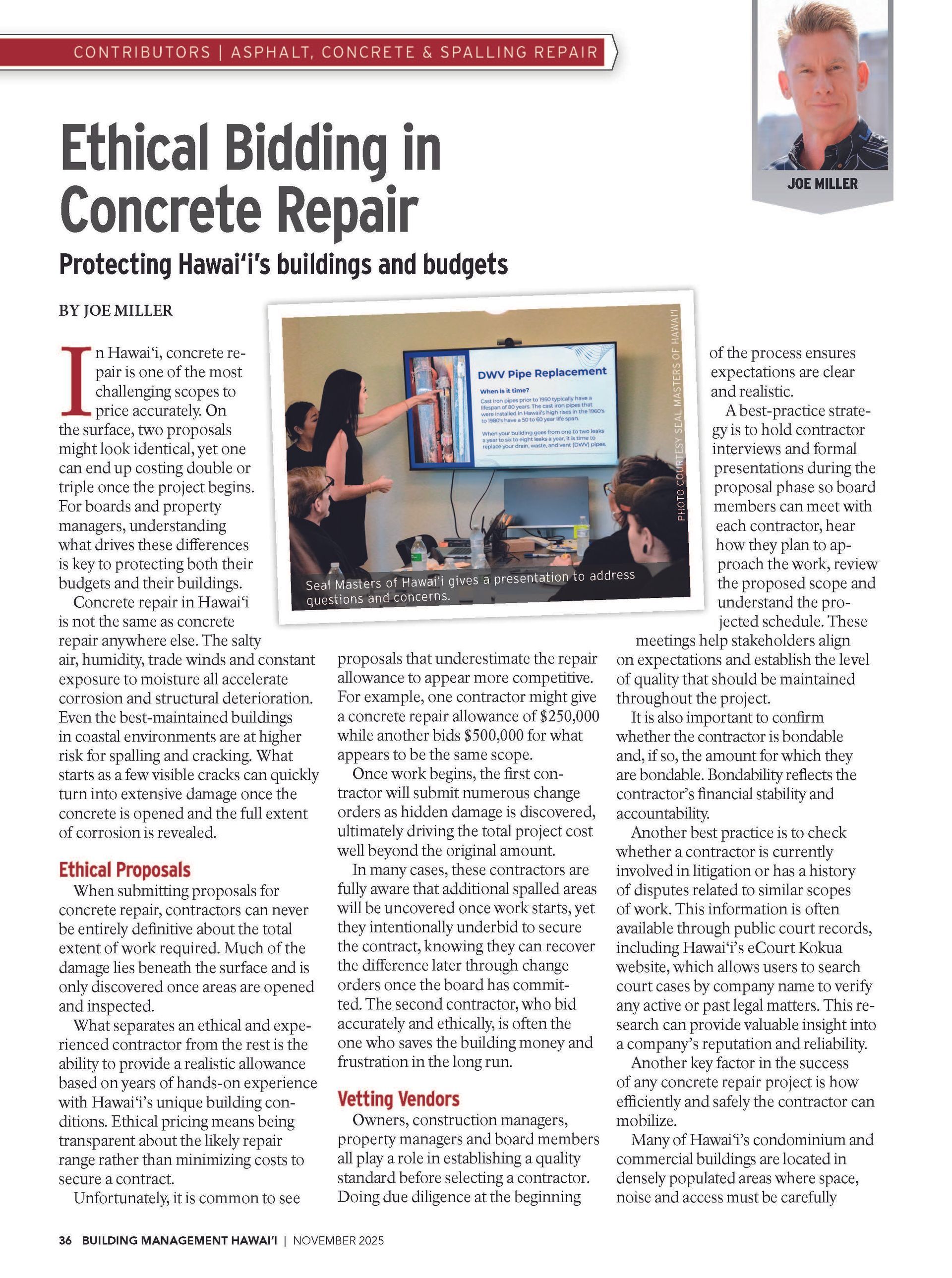 Magazine page titled “Ethical Bidding in Concrete Repair” with article text and a small presentation photo