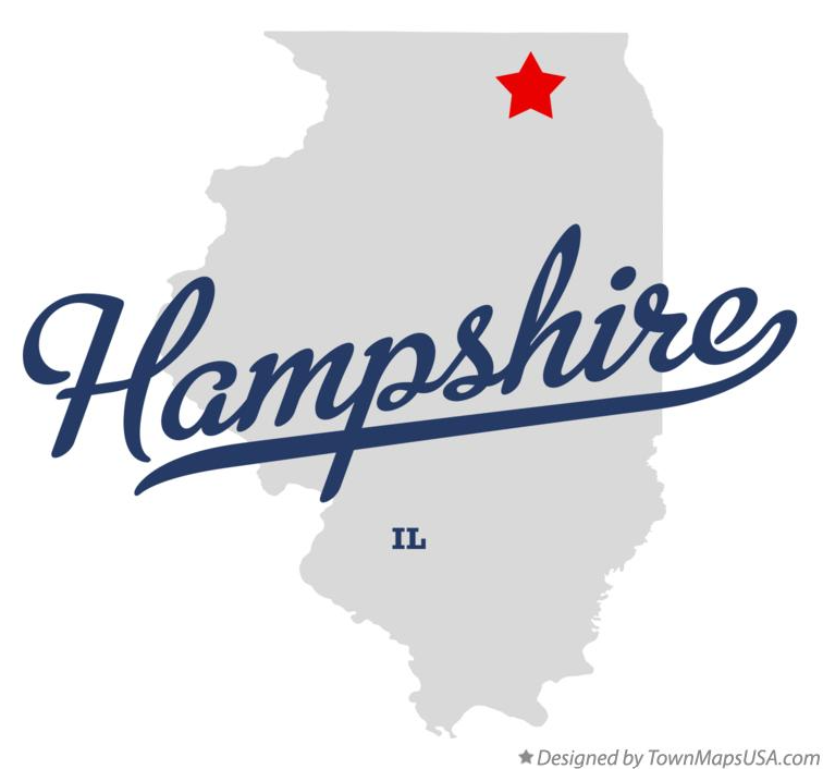 Map of Illinois highlighting Hampshire IL, serving residential garage door repair and installation services