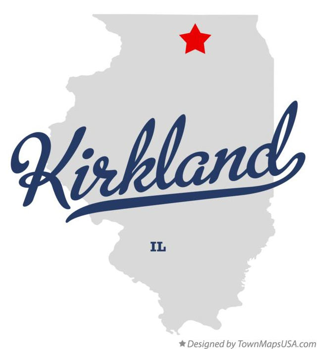 Map of Illinois highlighting Kirkland IL, residential garage door repair and installation service area
