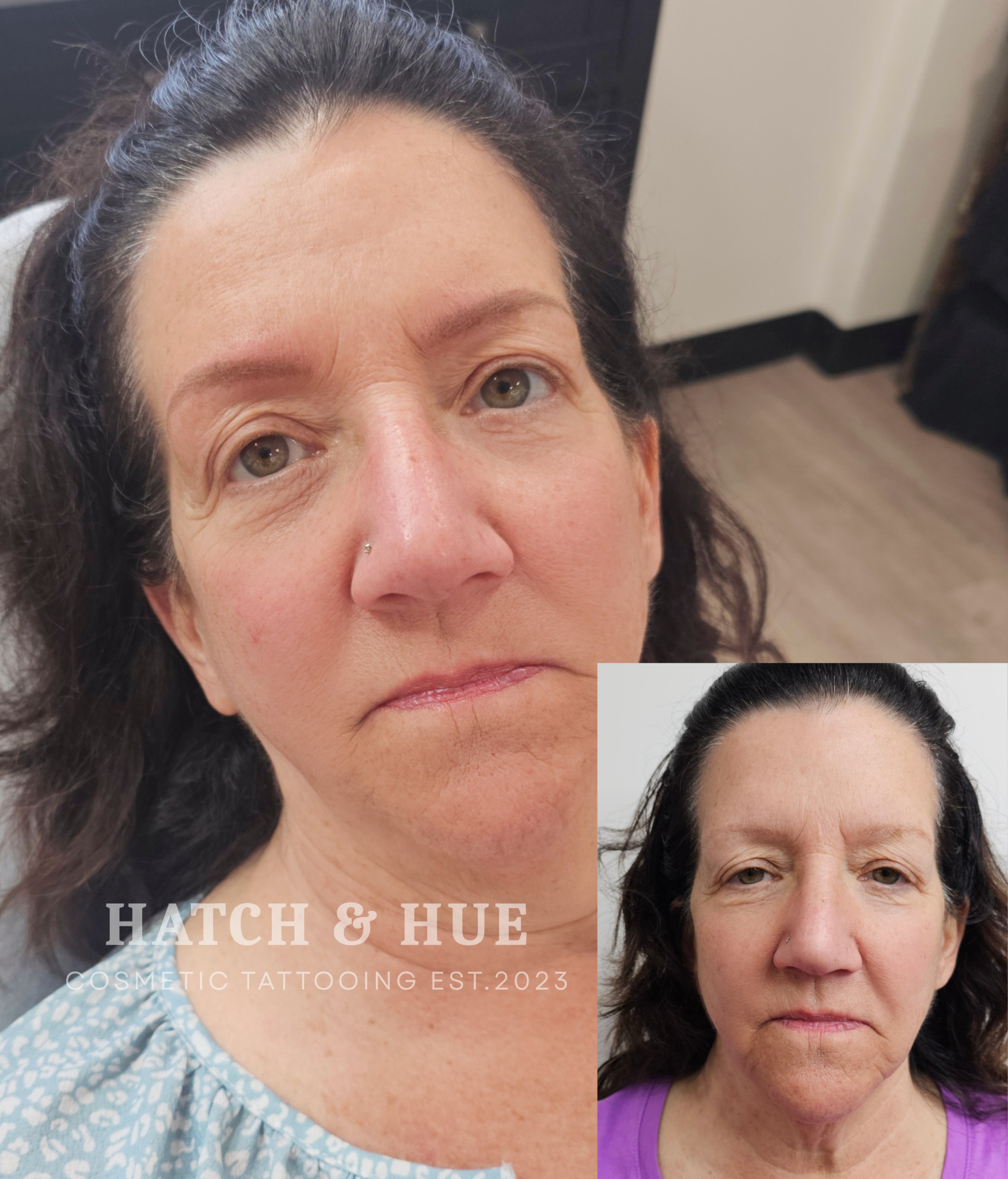 Woman with eyebrows tattoo before/after. Comparison: top with new brows, bottom shows sparse, faded brows.