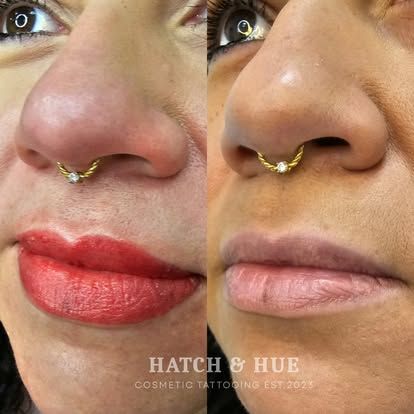 Before and after of lip blush cosmetic tattooing. Left side shows red lips. Right side shows light pink lips.