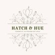 Logo for Hatch & Hue: floral design surrounds text on a light background.