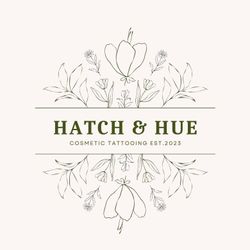 Logo for Hatch & Hue: floral design surrounds text on a light background.