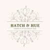 Logo for Hatch & Hue: floral design surrounds text on a light background.