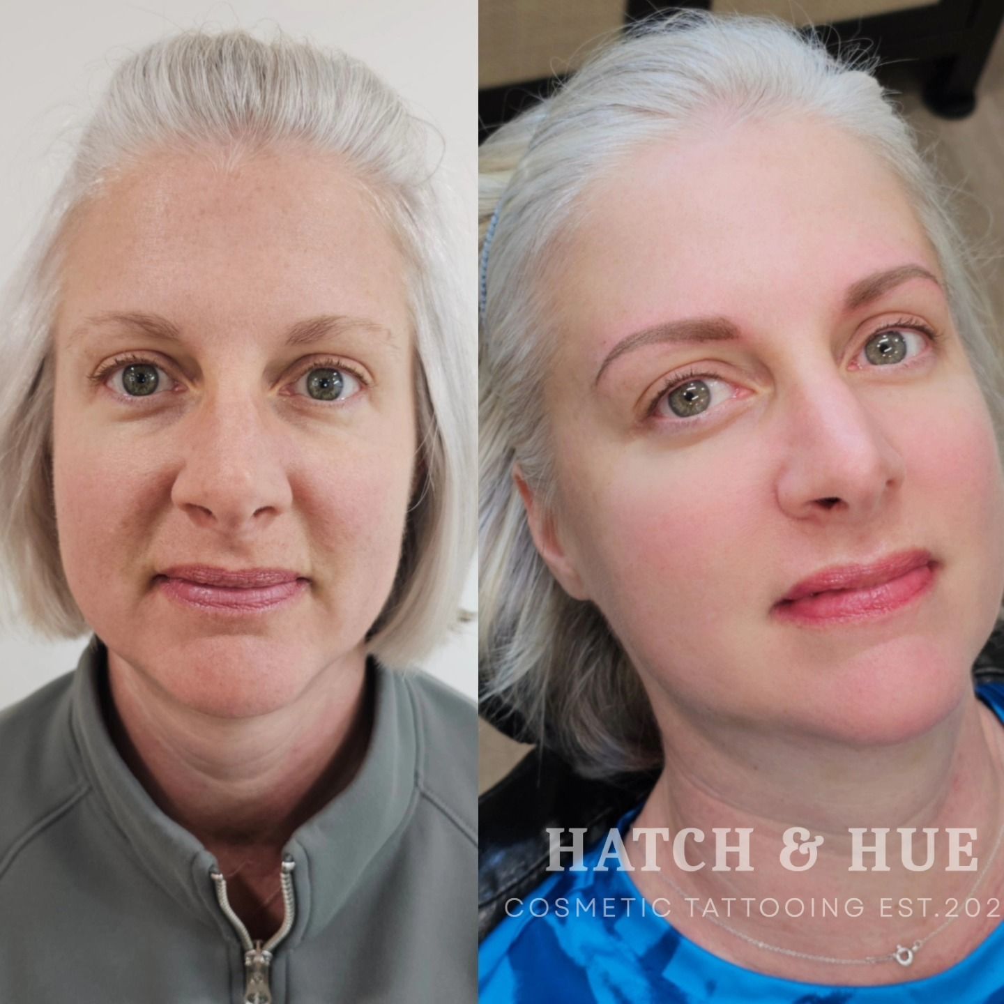 Before and after of woman with gray hair, with and without eyebrow and lip cosmetic tattooing.
