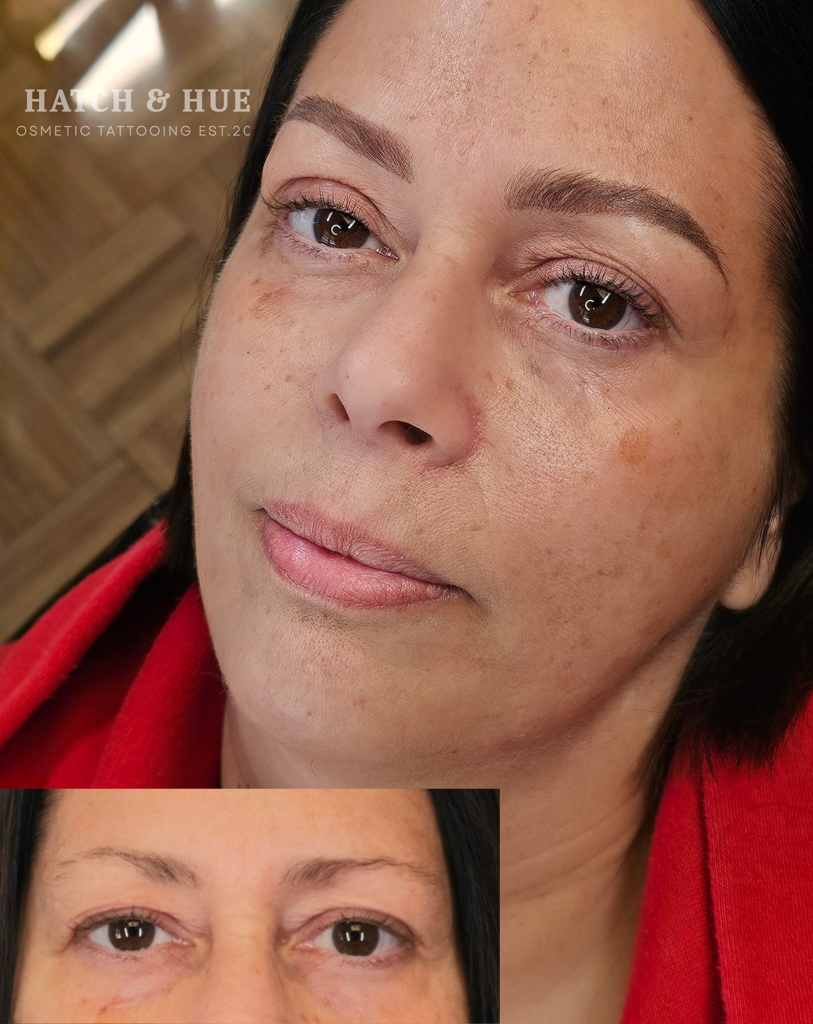 Woman's face with tattooed eyebrows, before and after close-up.