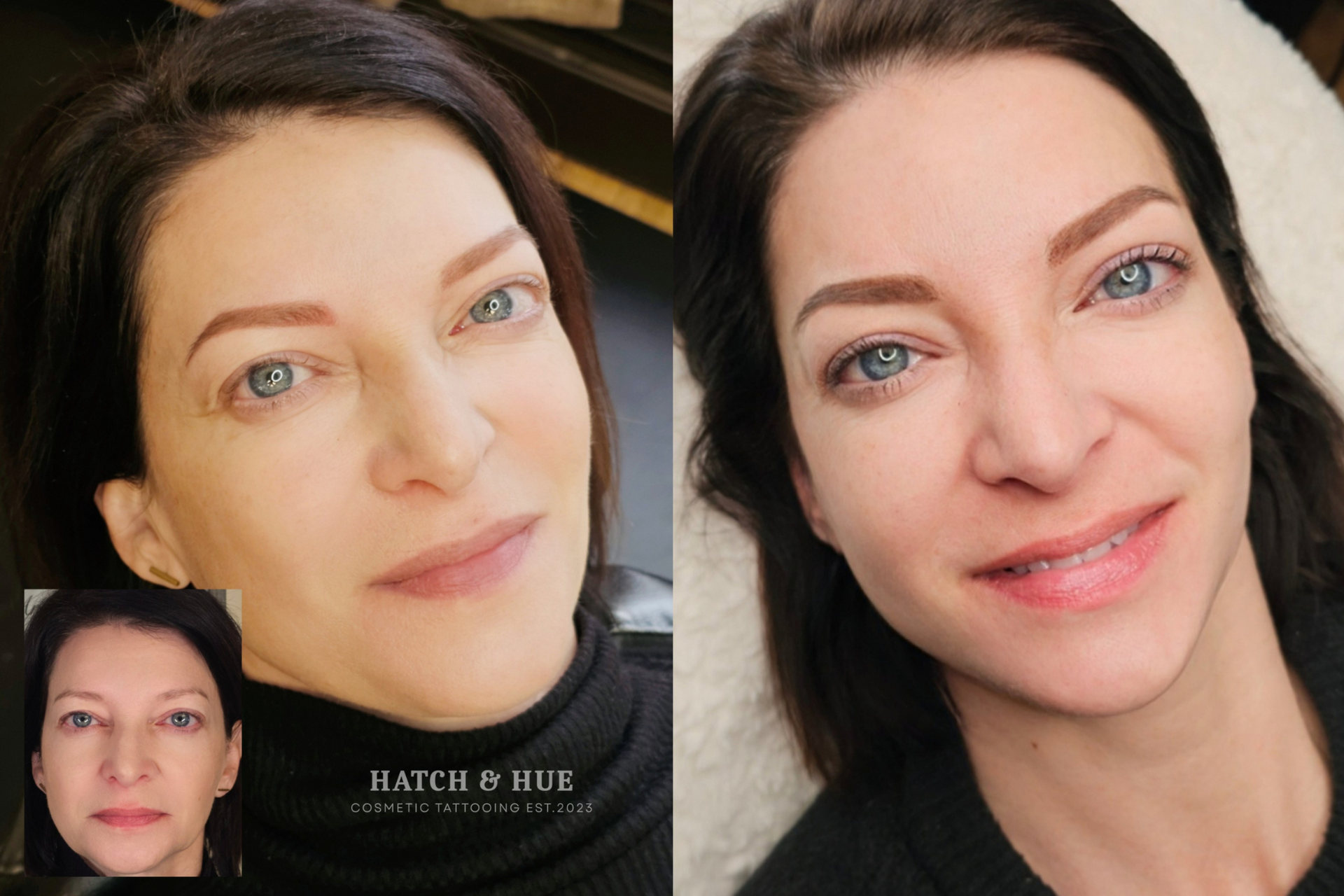 Woman before and after eyebrow microblading. Brown brows, fair skin, blue eyes.