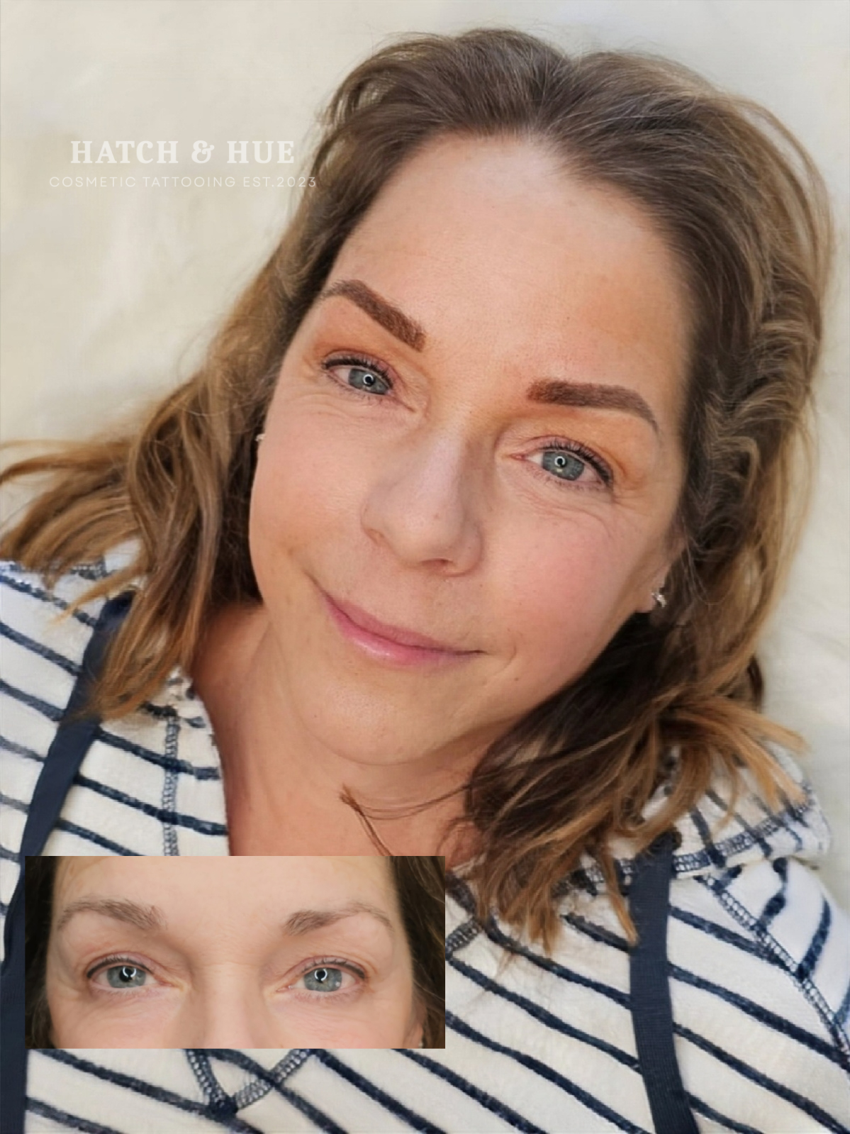 Woman with newly microbladed eyebrows; before and after, smiling, close-up, wearing striped hoodie.