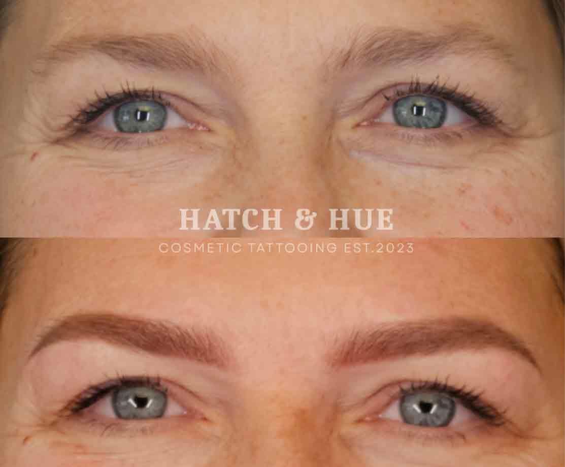 Before and after of woman's eyes; top unenhanced, bottom with professionally done eyebrows.