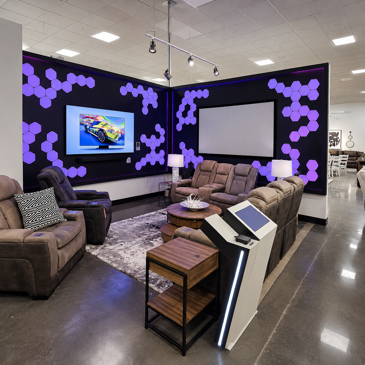 Modern living room showroom with black walls, purple accent lights, sectional sofas, and TVs on display