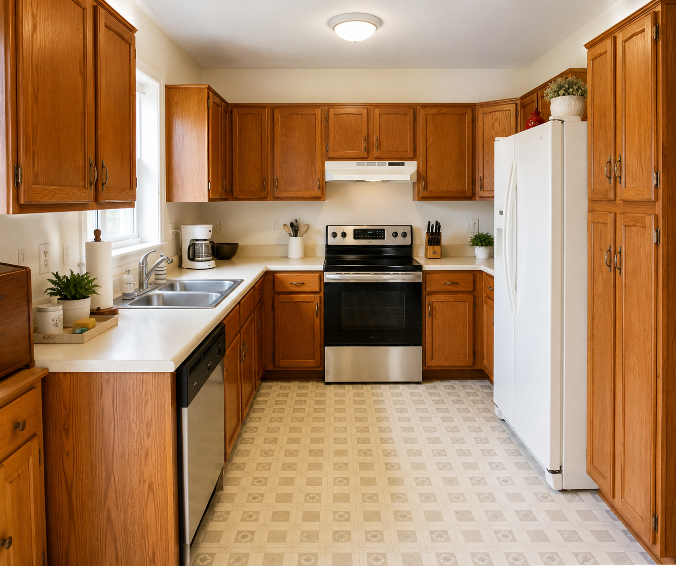 Bright kitchen with wood cabinets, white appliances, and a patterned vinyl floor.
