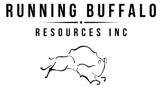 Running Buffalo Resources Inc logo with a leaping buffalo outline in black on a white background