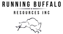 Running Buffalo Resources Inc logo with a leaping buffalo outline in black on a white background