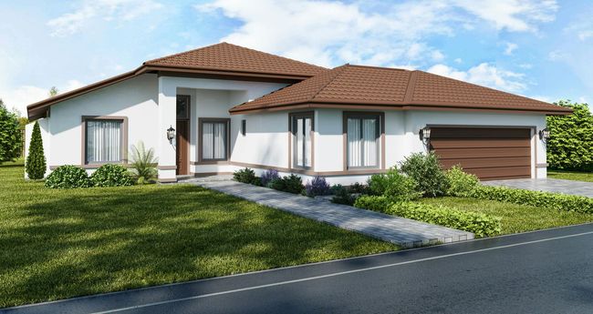 Modern single-story house with white walls, red tile roof, attached garage, and a green lawn under a blue sky