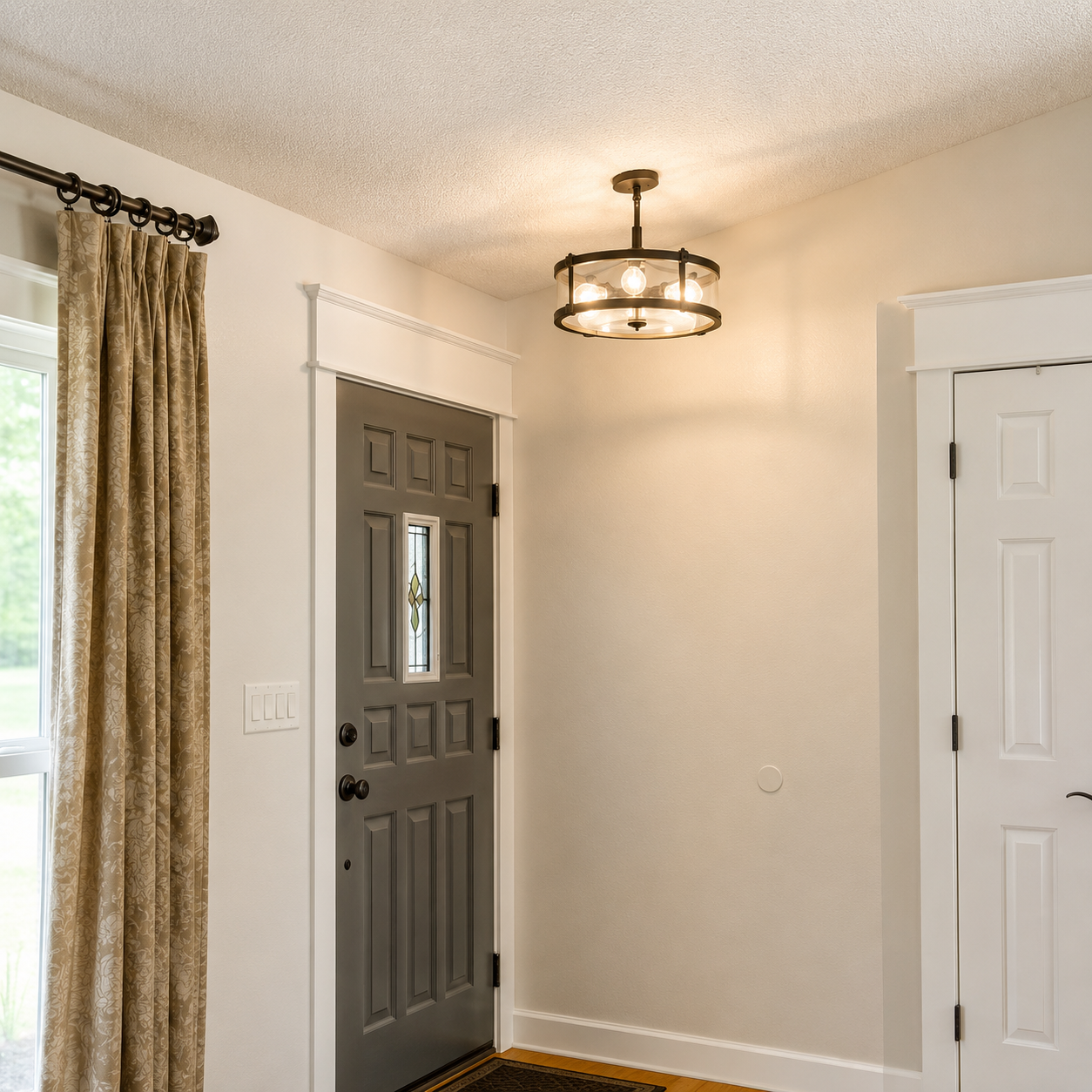 Front entryway with gray front door, white closet door, beige walls, and a round ceiling light fixture.
