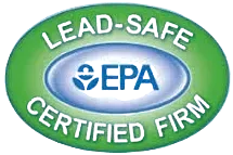 Green oval EPA “Lead-Safe Certified Firm” logo with white and blue text.