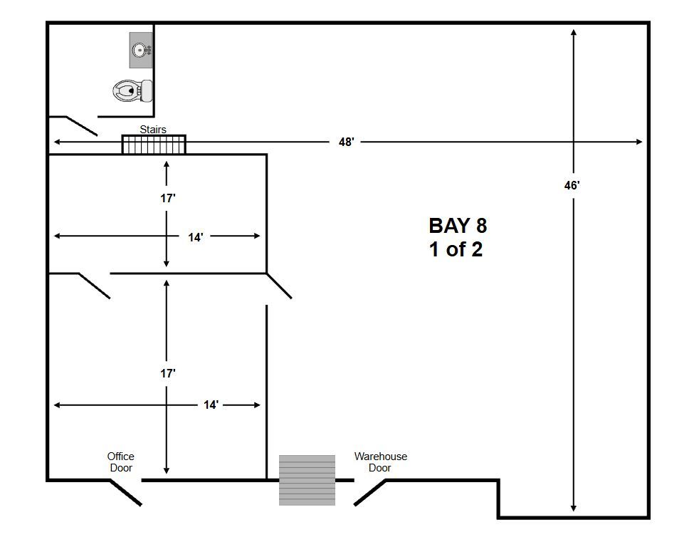 A black-and-white floor plan labeled “Bay 8 1 of 2” with measurements and door openings.