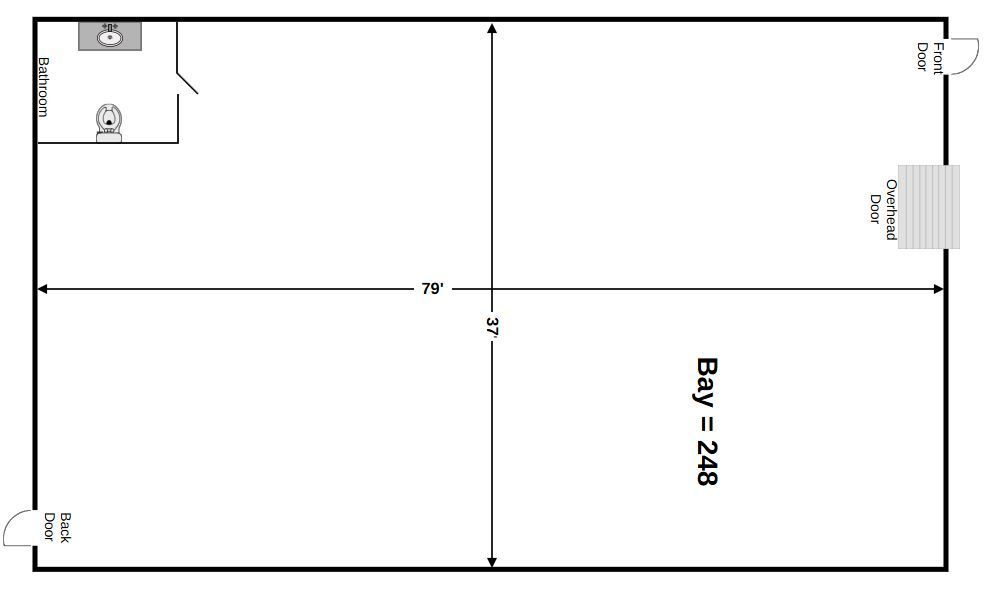 Simple black-and-white floor plan with labeled rooms and measurements, including a central wall and doorway.