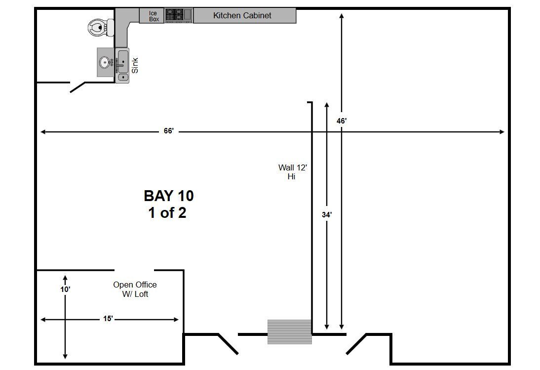 Black-and-white floor plan labeled “Bay 10 1 of 2” with room outlines and measurement markers