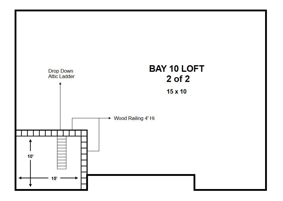 Floor plan labeled “BAY 10 LOFT 2 of 2” with stair and wall railing measurements.