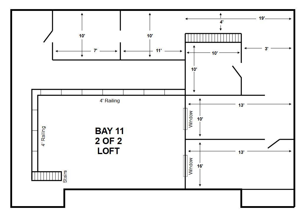 Floor plan labeled “Bay 11, 2 of 2, Loft” with rooms, stairs, and measurements.