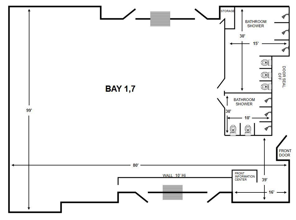 Floor plan labeled “BAY 1,7” with room outlines and labeled sections along the right side.