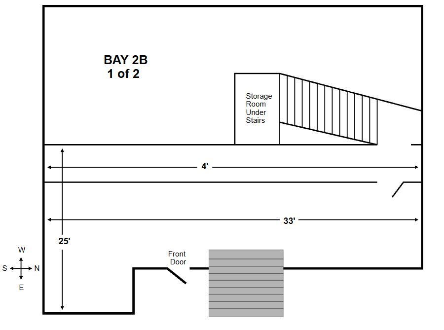 Site plan of Bay 2B, showing dimensions, entrance, stairs, and storage area.