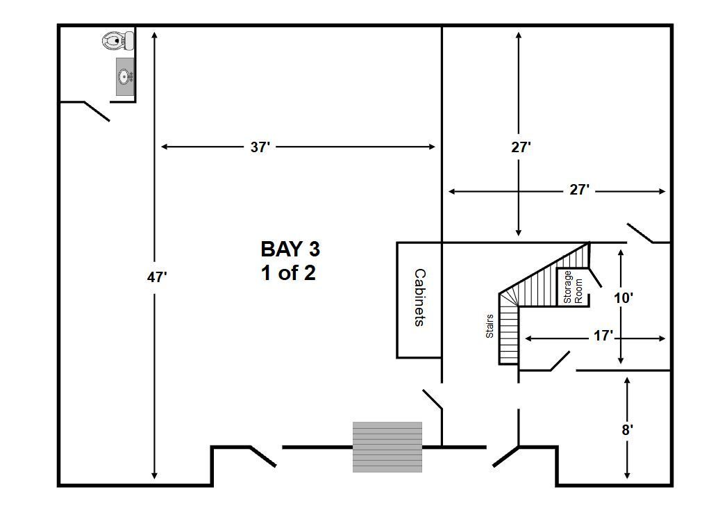 Floor plan of Bay 3 1/2 with measurements and a small office/stair area in the lower right.