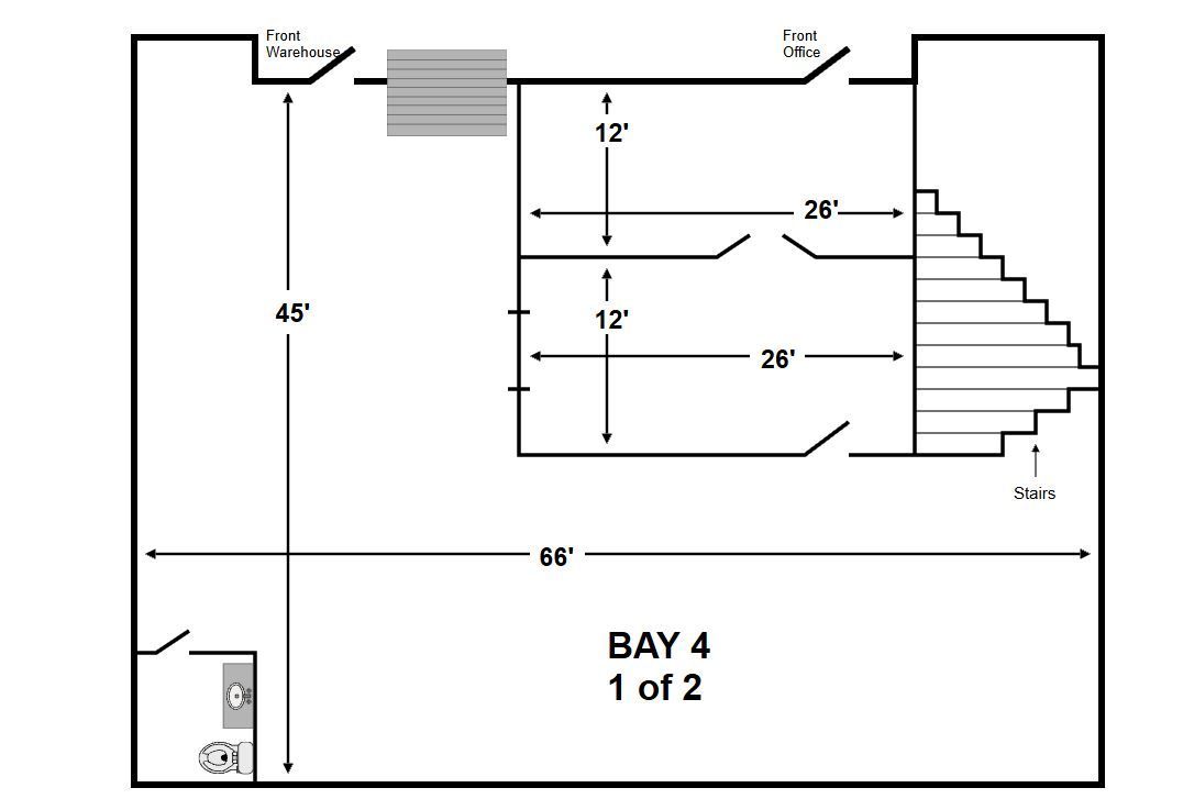 Floor plan labeled “Bay 4,” showing dimensions, walls, and stairs in black-and-white.