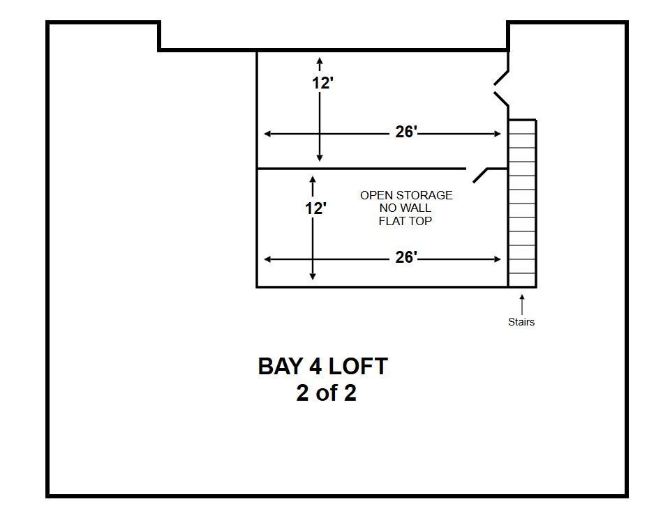Floor plan of Bay 4 loft with dimensions and stair access shown.