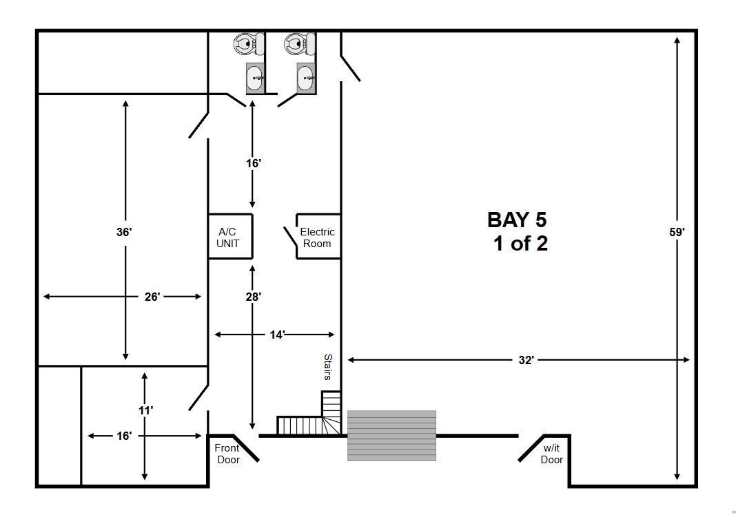 Floor plan labeled “BAY 5 1 of 2” with dimensions and room outlines in black and white