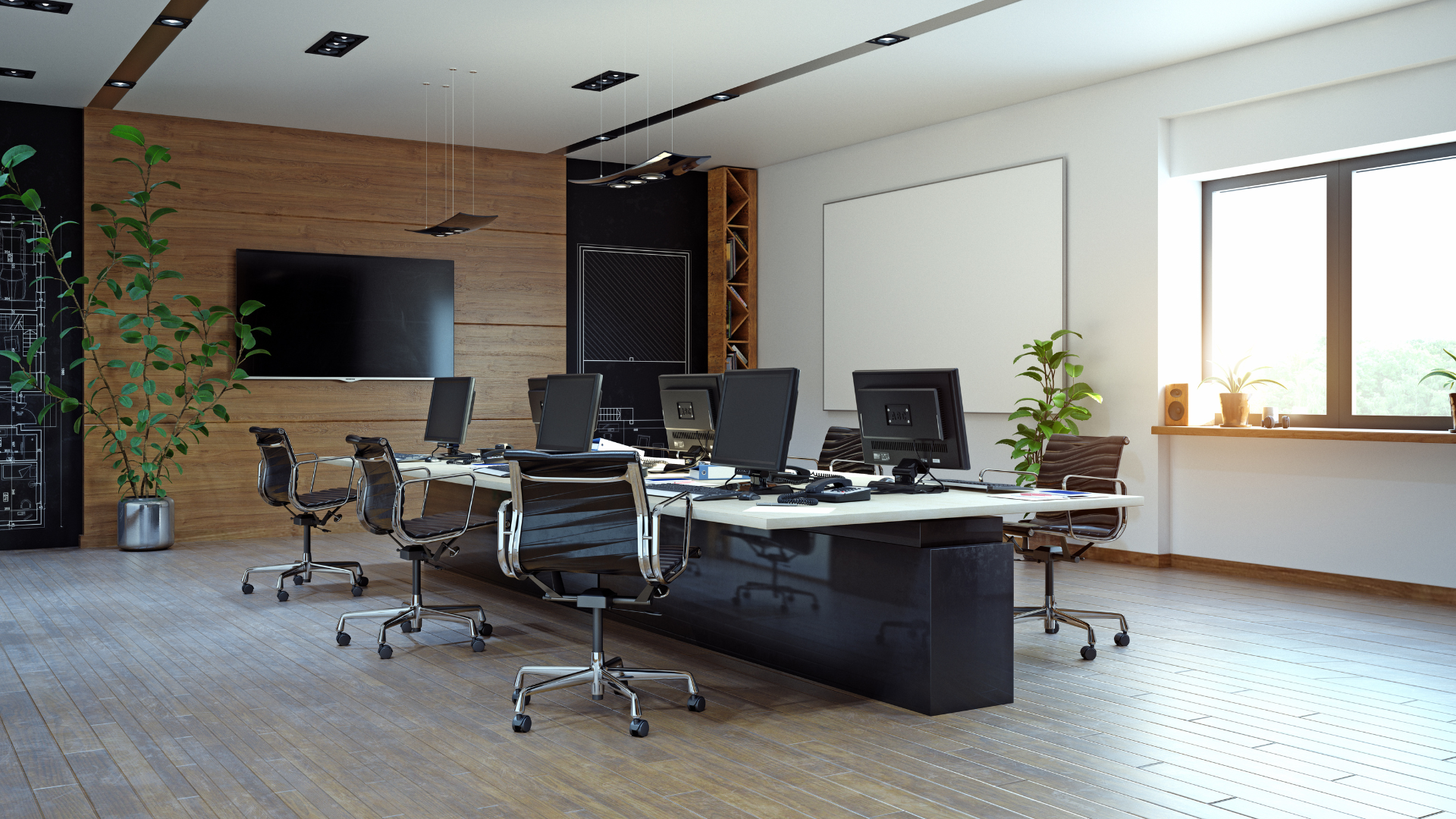 An office with a lot of desks and chairs and a flat screen tv.