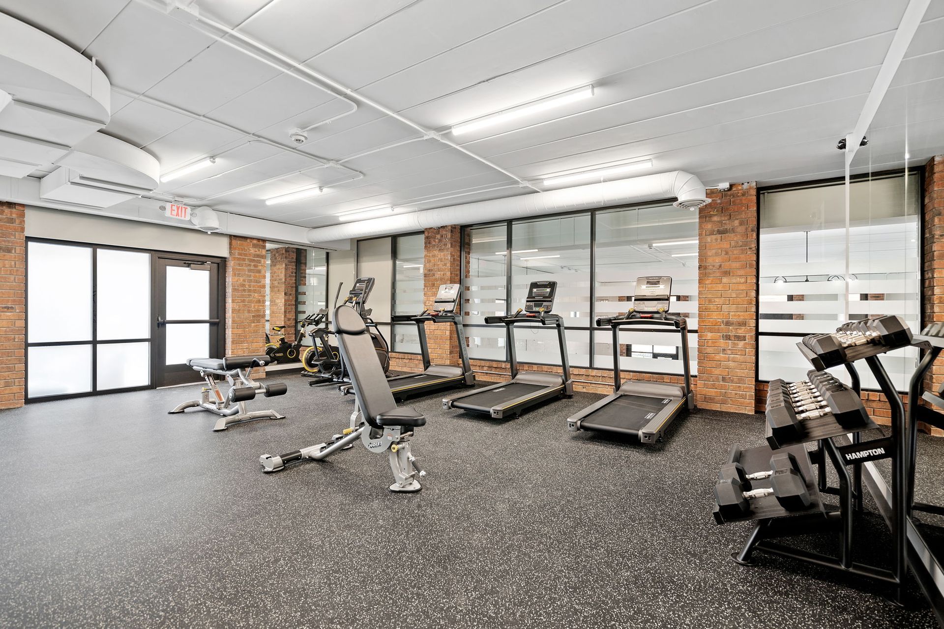 There are many treadmills and dumbbells in the gym.