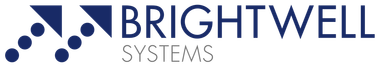 Logo of Brightwell Systems, with a dark blue arrow-shaped design and dark blue text on a white background.