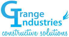 Logo for Grange Industries with blue text and a stylized wing.